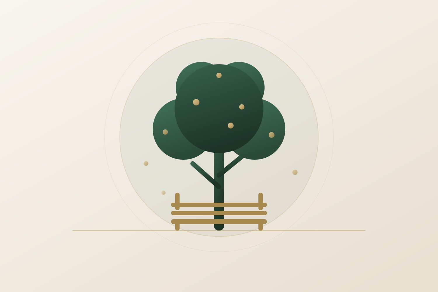 Illustration zur Altersvorsorge: ein ausgewachsener Baum mit Parkbank im Markenstil von HG-Allfinanz.