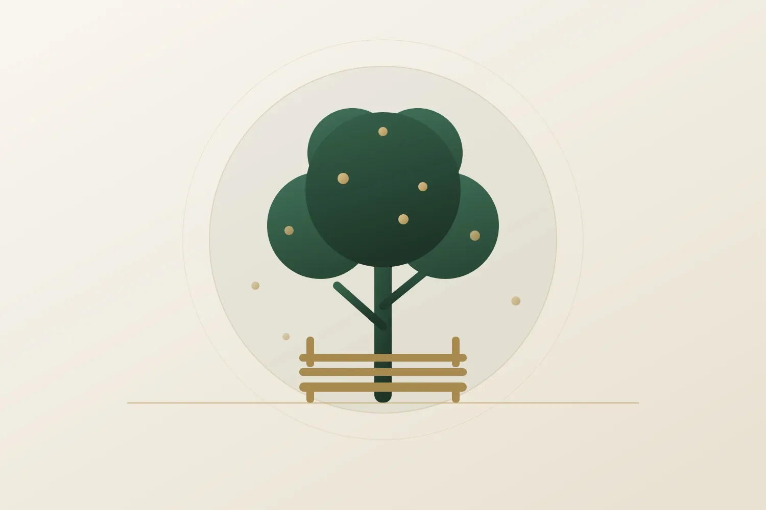 Illustration zur Altersvorsorge: ein ausgewachsener Baum mit Parkbank im Markenstil von HG-Allfinanz.