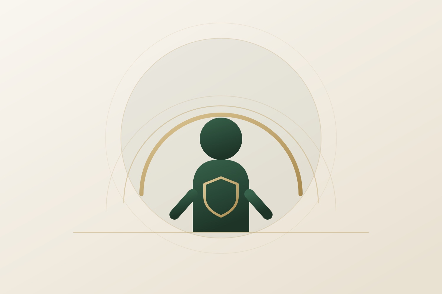 Illustration zur Berufsunfähigkeitsversicherung: eine Person unter einem schützenden Bogen, mit Schild.
