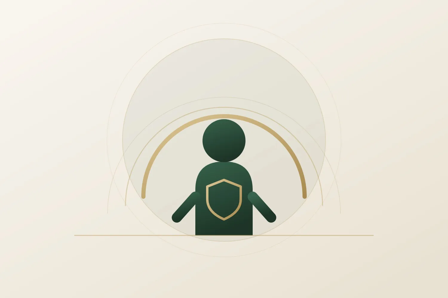 Illustration zur Berufsunfähigkeitsversicherung: eine Person unter einem schützenden Bogen, mit Schild.