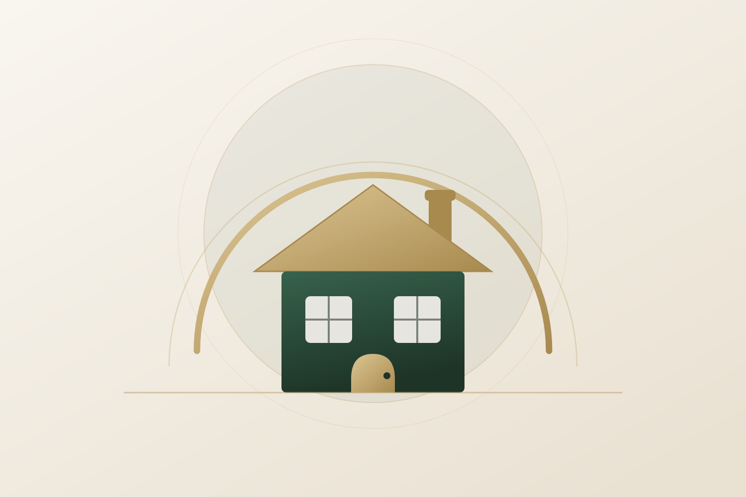Illustration zu Haftpflicht und Sachversicherung: ein Haus unter einem schützenden Bogen.
