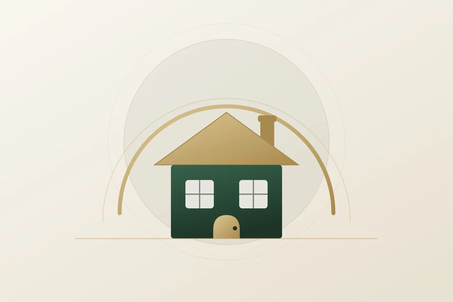 Illustration zu Haftpflicht und Sachversicherung: ein Haus unter einem schützenden Bogen.
